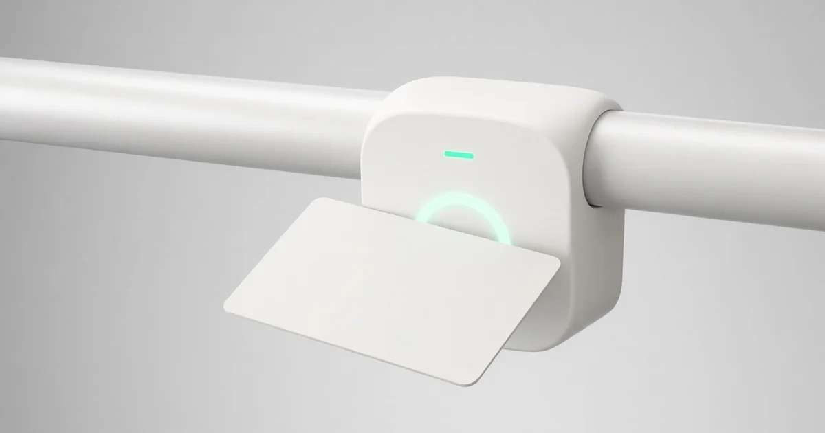 RFID card reader mounted on a school bus handrail, with a student ID card at the reader