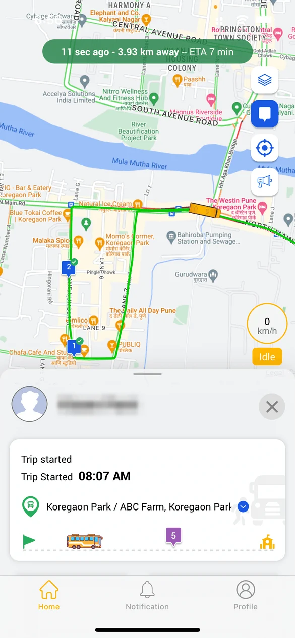 My School Ride parent app showing the bus on a live map