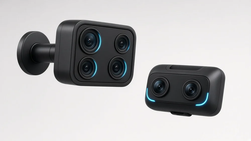 A multi-lens cabin camera next to a dual-lens dashcam, two camera types used on school buses