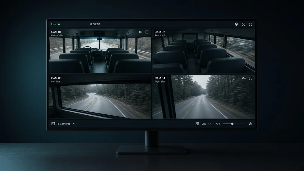 Monitor showing four camera views from inside and in front of a school bus