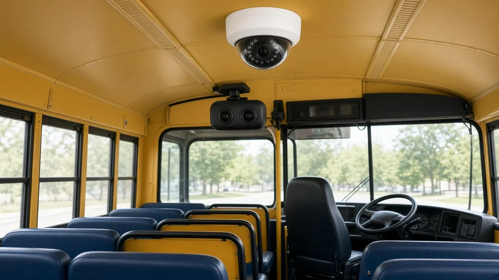 Inside a school bus: a ceiling dome camera over the seats and a dual-lens dashcam near the windscreen