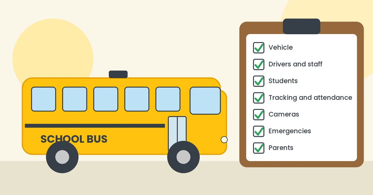 Illustration of a yellow school bus beside a clipboard with ticked boxes for a school bus safety checklist