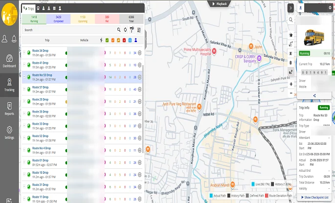 My School Ride admin screen showing running bus trips in a list beside a live route map