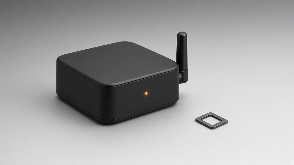 Compact black 4G GPS tracker with a short antenna, the device that goes on a school bus