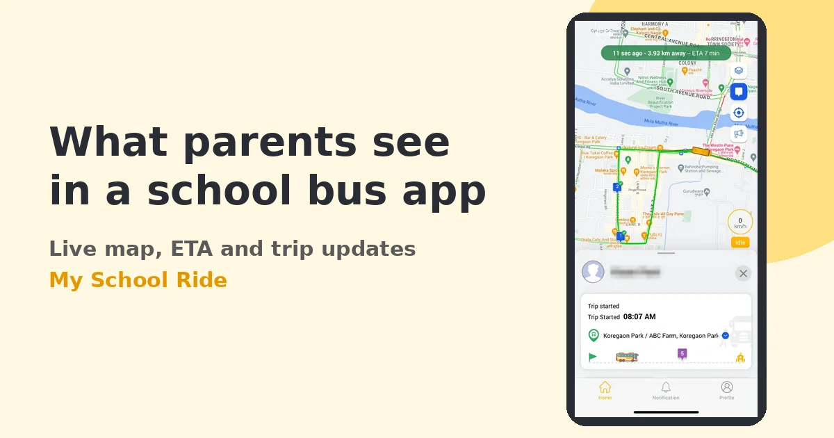 My School Ride parent app on a phone, showing the school bus on a live map with ETA and trip start time